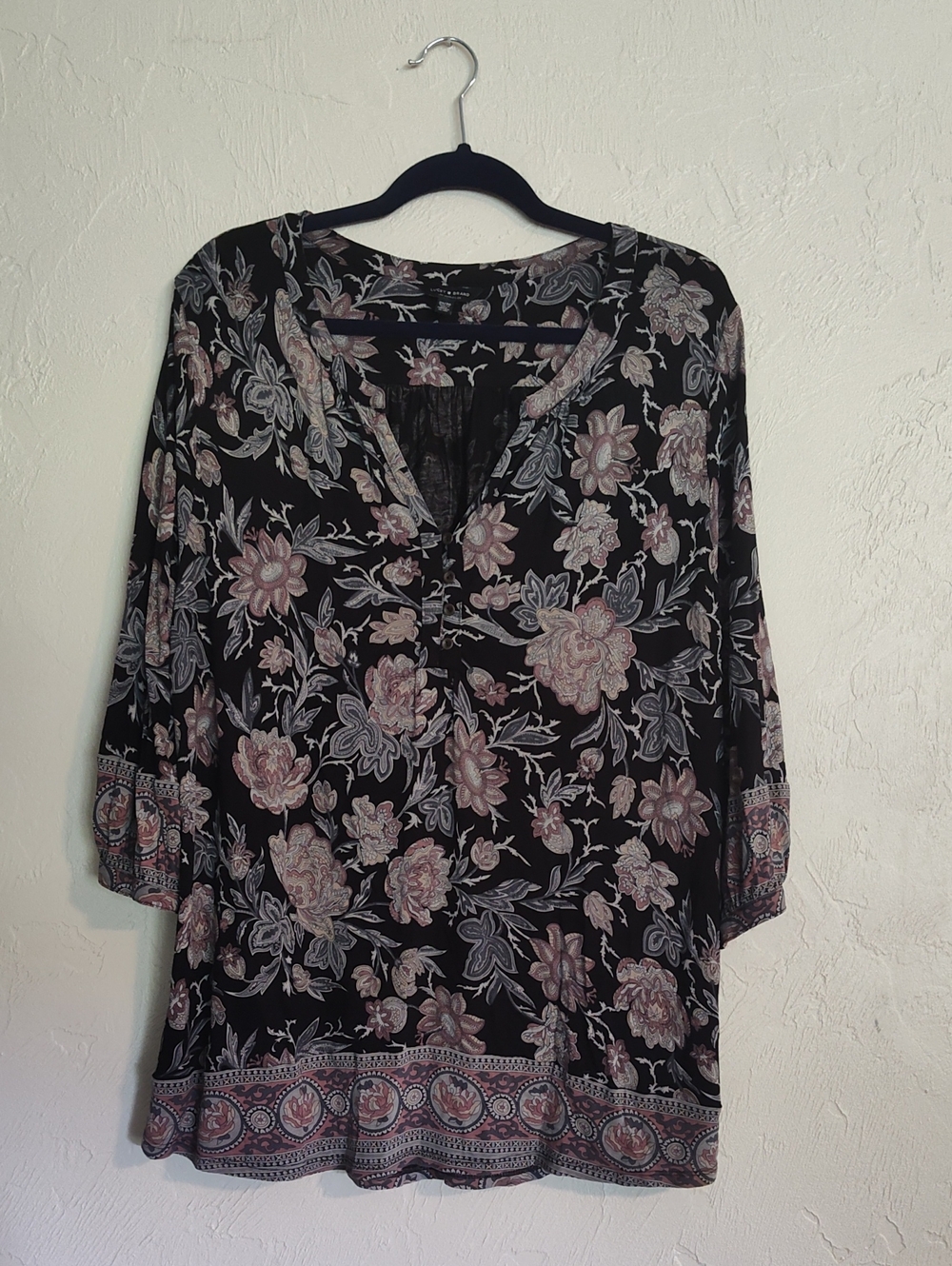 Lucky Brand Black Tunic with Dusty Rose Floral Print